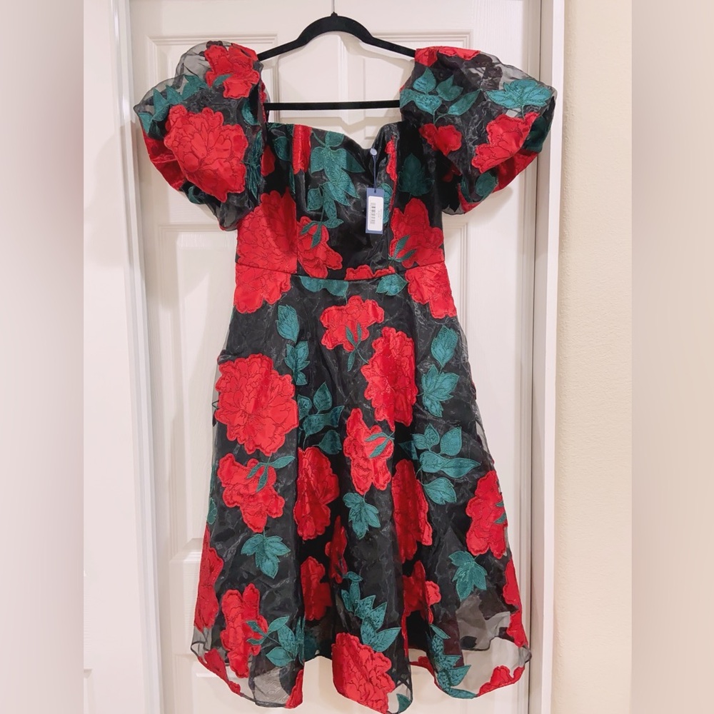 NWT $695 Marchesa Notte Claude Floral Puff Sleeve Off-the-Shoulder Midi Dress